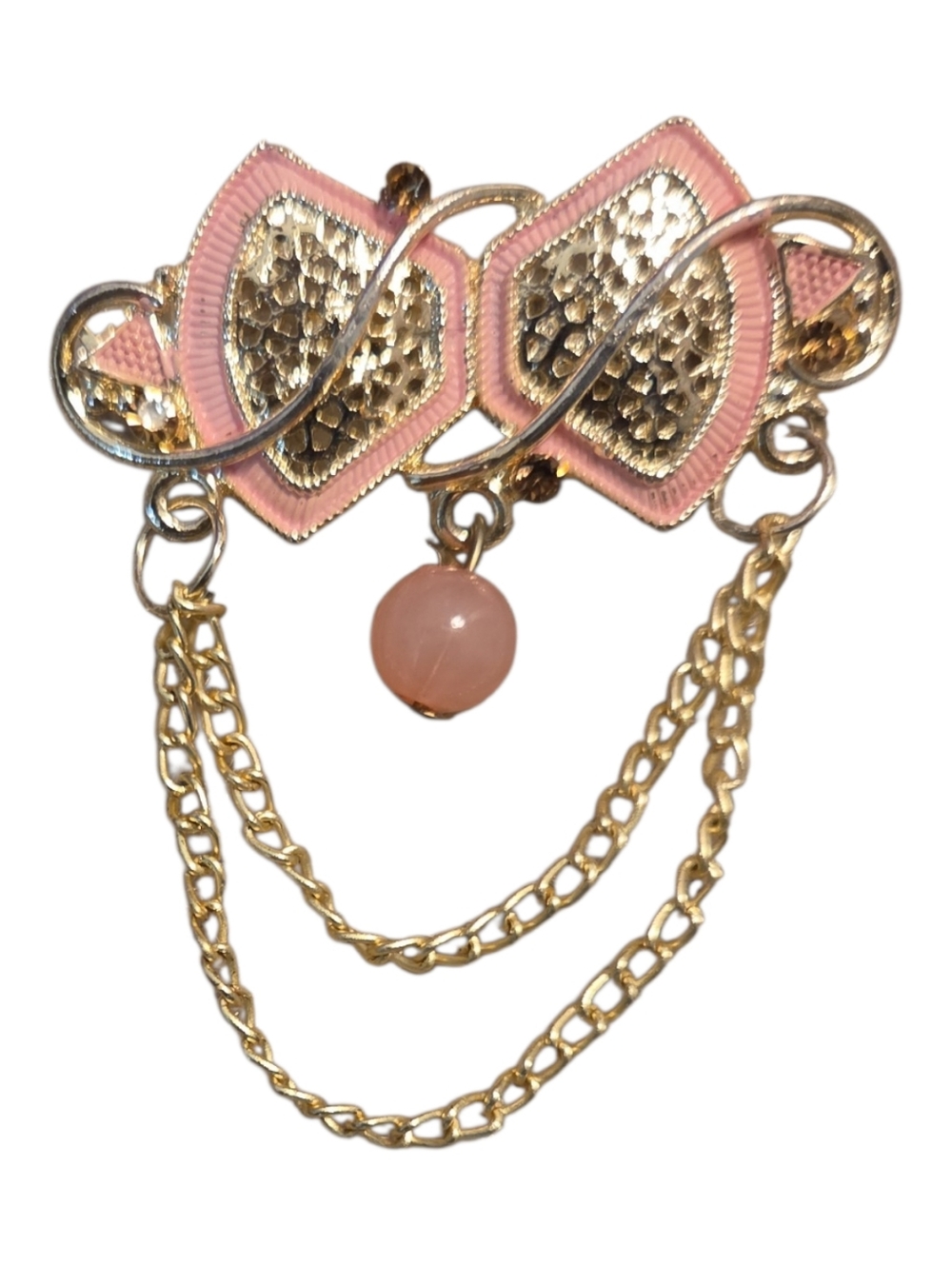 Pink and Gold Bow Chain Brooch with Pink Stone Drop